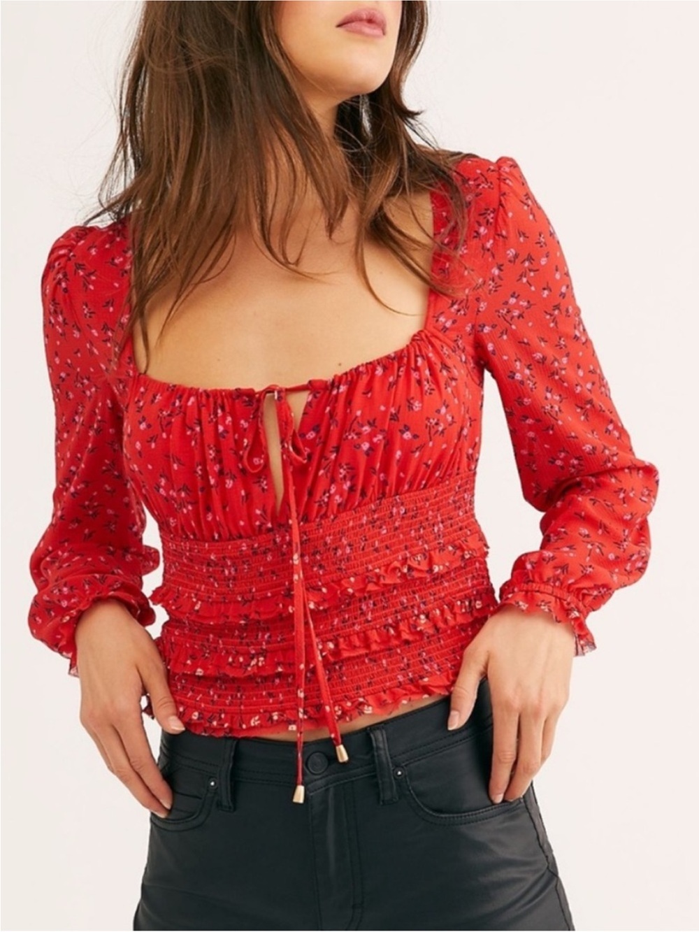 Free People Lolita Red Smocked Floral Long Sleeve Tie Blouse XSmall